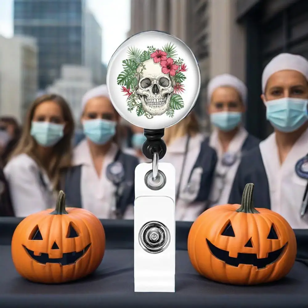Creative Dispensing Skull Flower ID Badge Holder Medical Rotating Retractable Drop Glue Badge Reel For Doctors Nurses Students