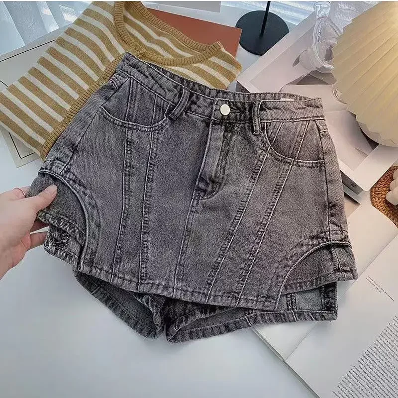 2024 Women\'s Blue Black Shorts New Fashion Casual High Waist Spliced Solid Color Irregular A-Line Wide Leg Denim Shorts Female