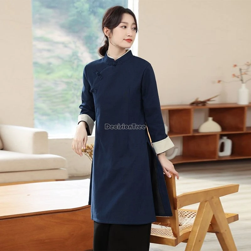 2024 new chinese plate button blouse improved cheongsam female chinese style zen tea robe spring and autumn two-piece set b131