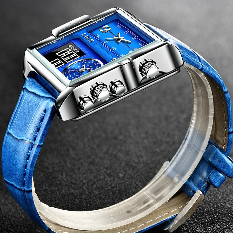 LIGE Mens Watches Fashion Square Blue Leather Strap Calendar Quartz Watches Men LED Digital Dual Display Chronograph Man Watch