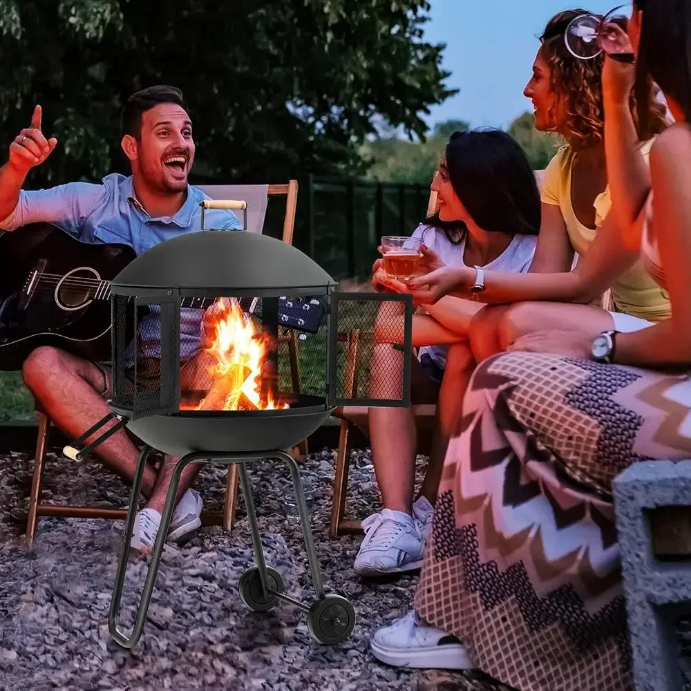 Portable 28 Wood-Burning Fire Pit with Wheels, Log Grate, Poker, Steel Frame, Metal Top, 2-Door Gate for Outdoor Entertaining an