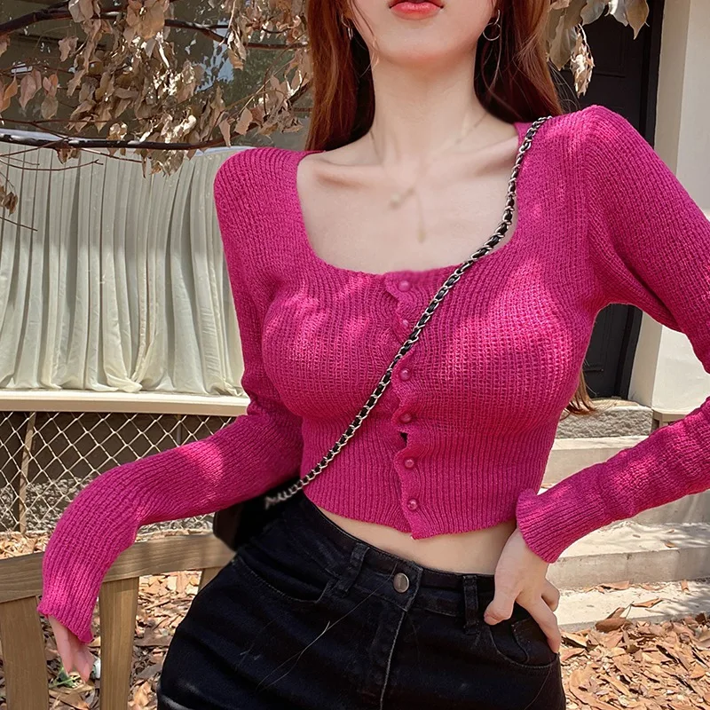 Korean Sweater Long Sleeve Short Top Ice Silk Cardigan Air Conditioning Shirt Solid Color Square Neck Knitted