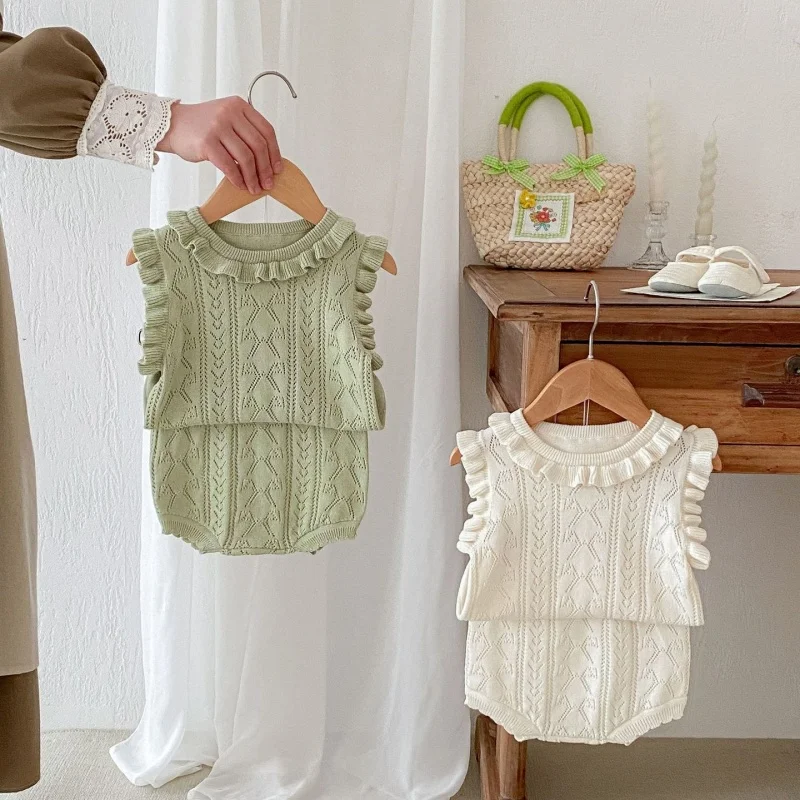 

2025 New Summer Newborn Baby Girls Clothing Set Sleeveless Knitted Hollowed Out Vest+Shorts Toddler Baby Girl Clothes Suit