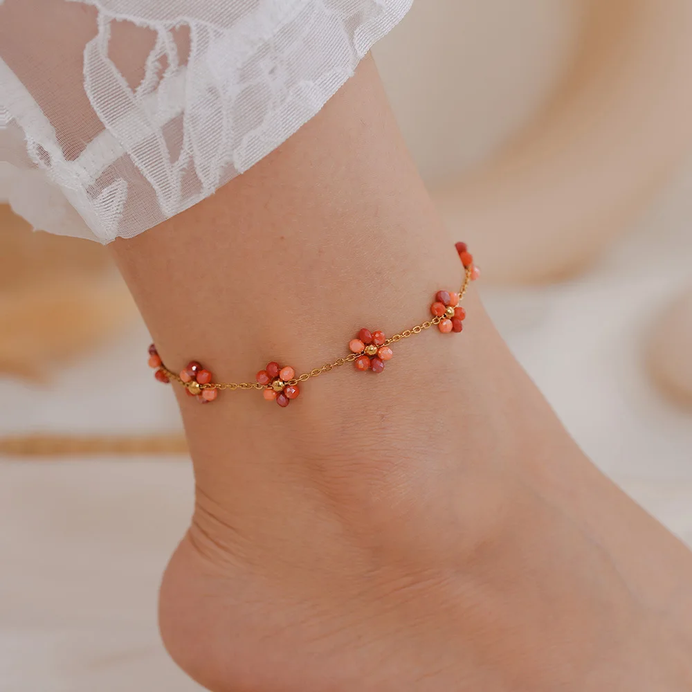 Colorful Glass Stone Beaded Flower Pendant Necklace Bracelet Anklet Set Women\'s Stainless Steel Gold plated Chain Summer Jewelry