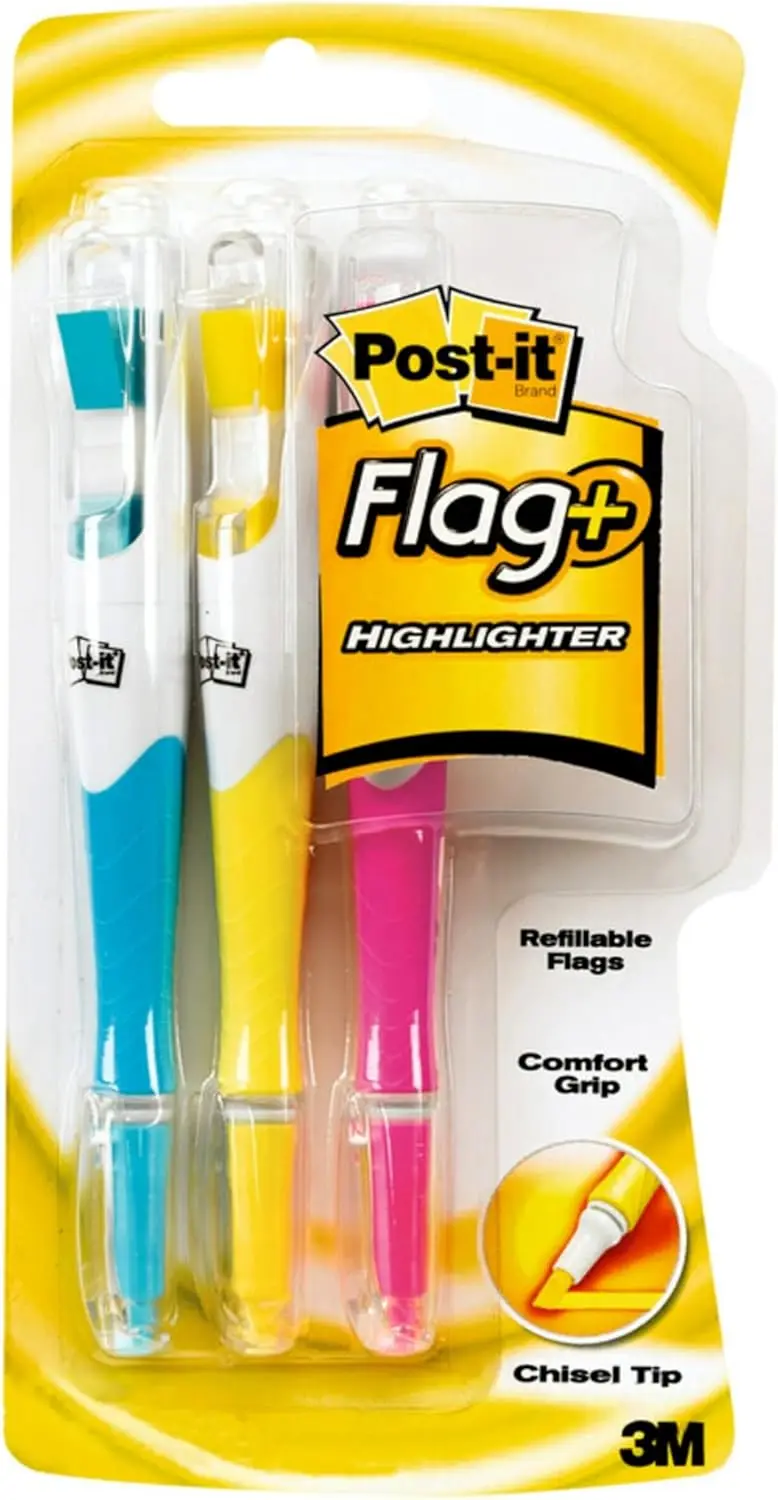 

3-Pack Highlighters with Color-Coordinated Flags, Yellow Pink Blue, Slim Grip Design