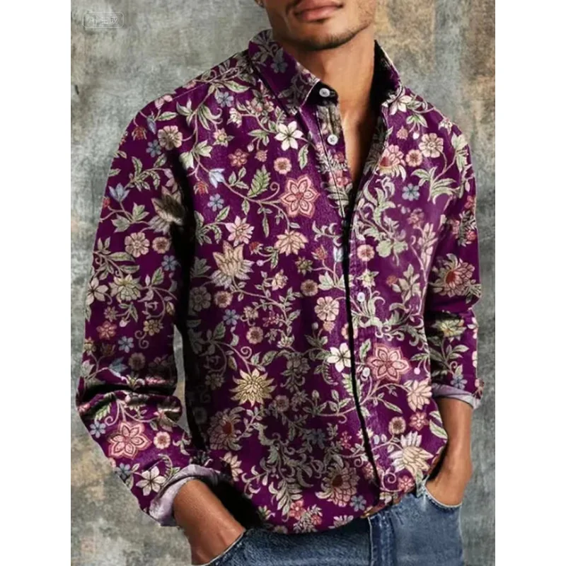 Vintage 3D Flower Printed Pattern Shirt Men's Long Sleeve Button Collar Casual Shirt Autumn Fashion Men's Shirt