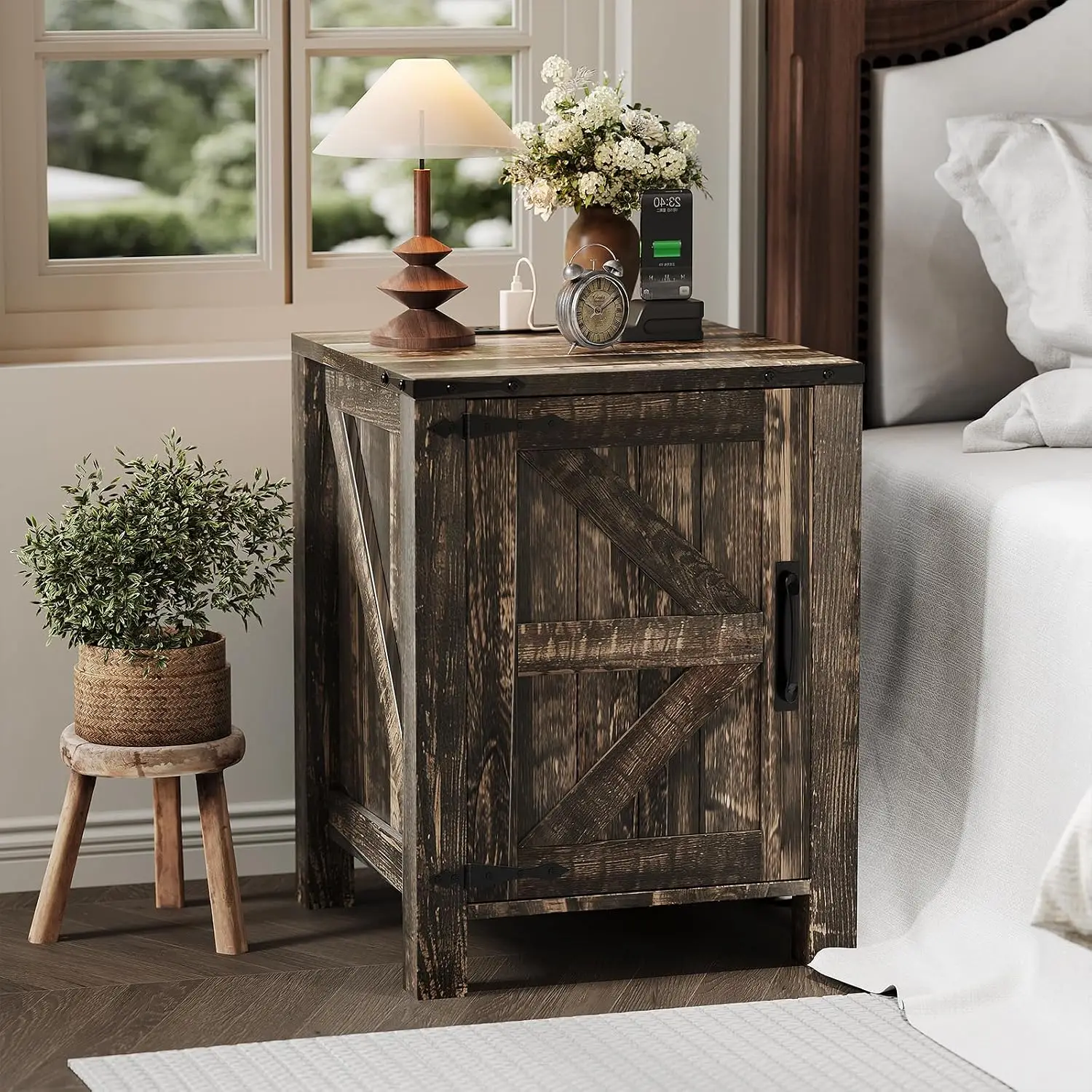 Rustic Nightstand with Charging Station, Barn Door & Adjustable Shelf, Wooden 18