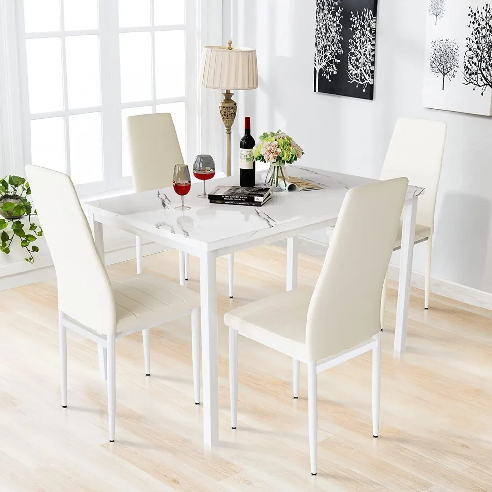 Dining Table Set for 4 Faux Marble Kitchen and Table Chairs Set of 4 Dining Room Table Set with 4 PU Leather