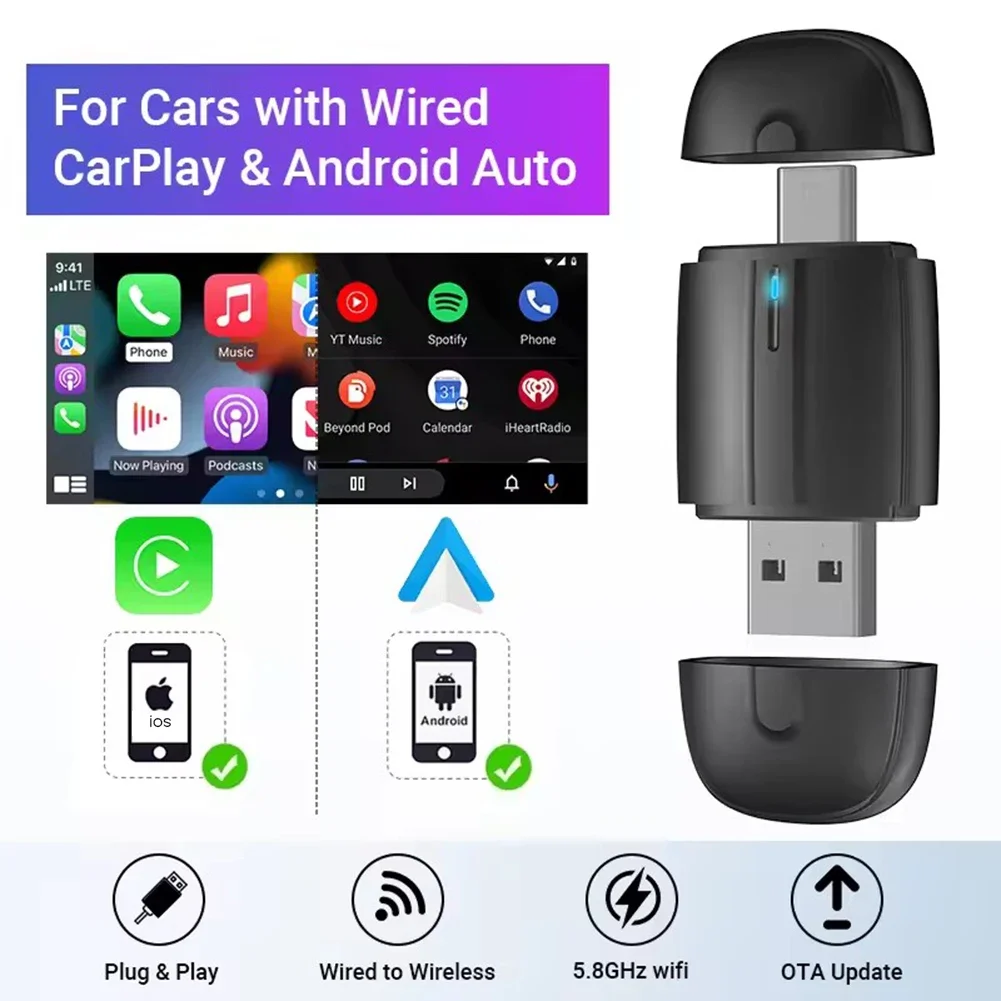 2026 NEW CarPlay Android Auto 2 in 1 Wireless Adapter Wired to Wireless Converter for Automotive Head Unit