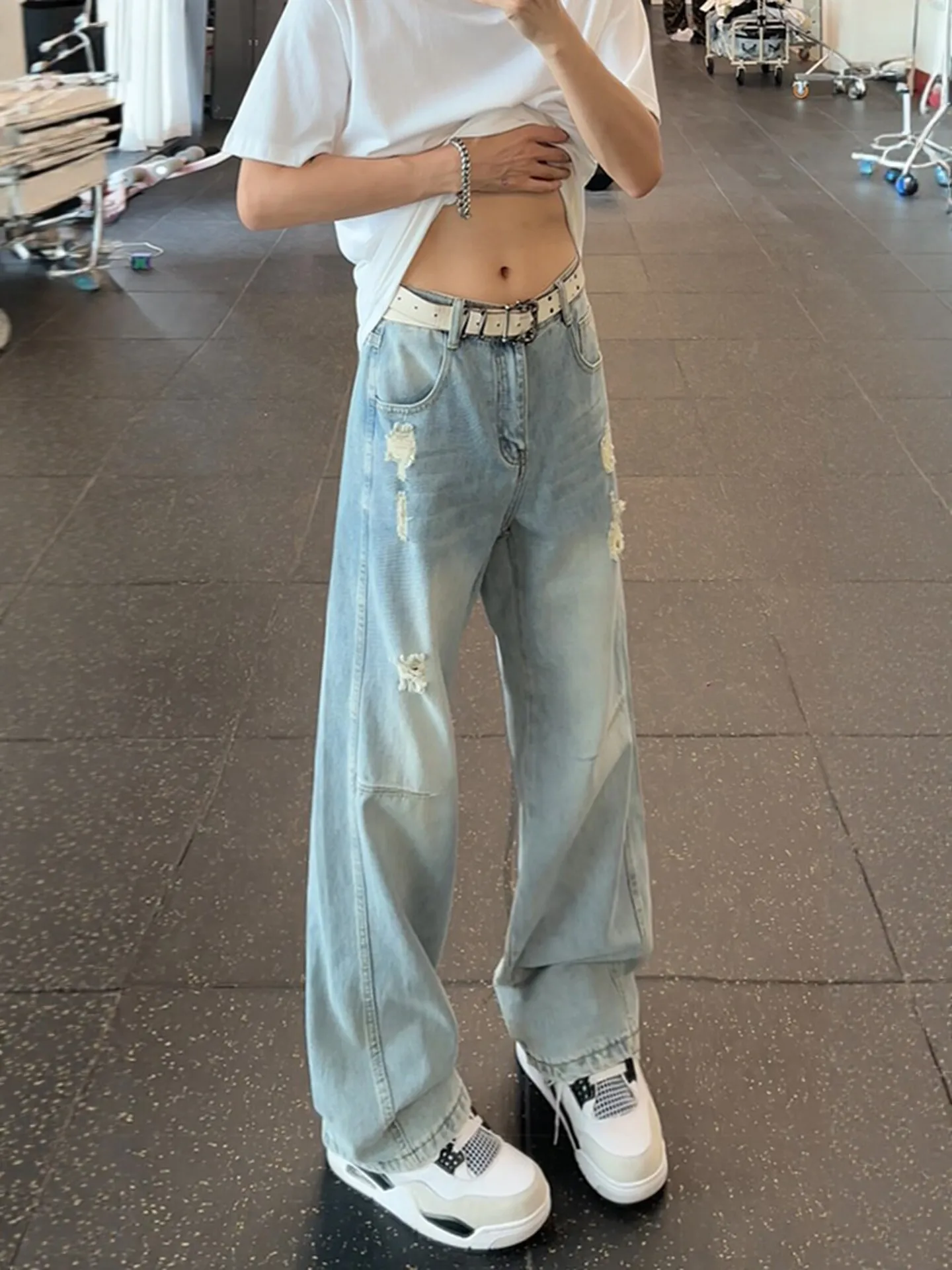Washed Ripped American High Street Straight Leg Jeans Men's Deconstructed Patchwork Loose Wide Leg Knife Pants