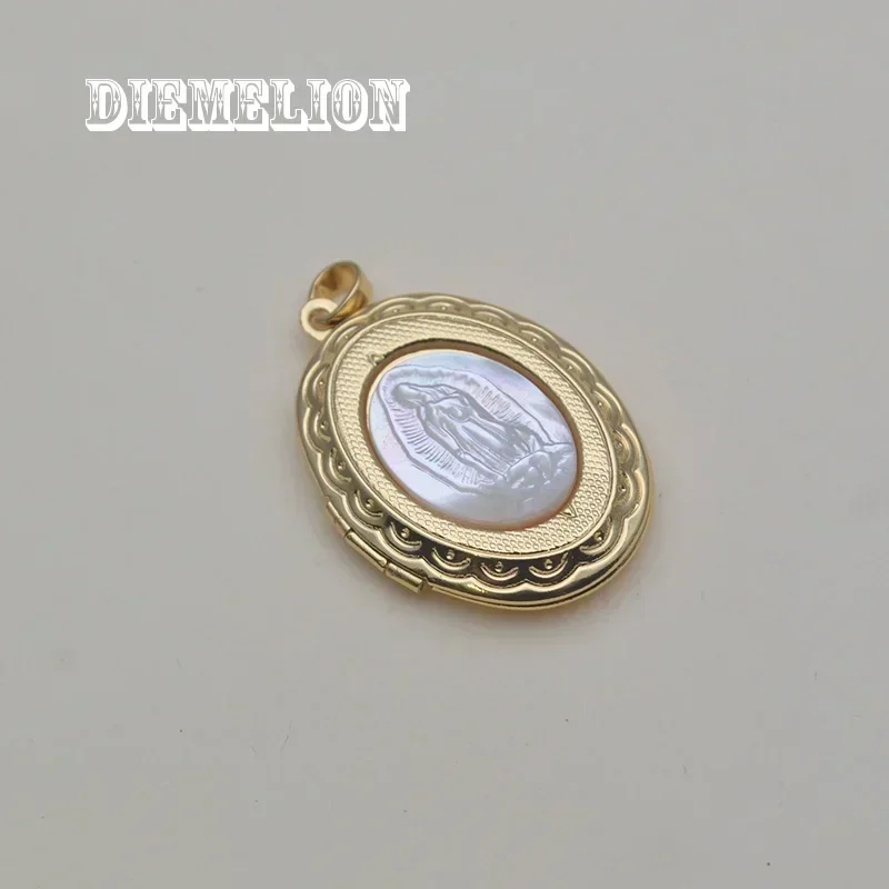 Luxury 18K Gold Plated Natural MOP Shell Oval Medal Religious Virgin Pendant Necklace for Women Can Opened Closed To Hold Photos