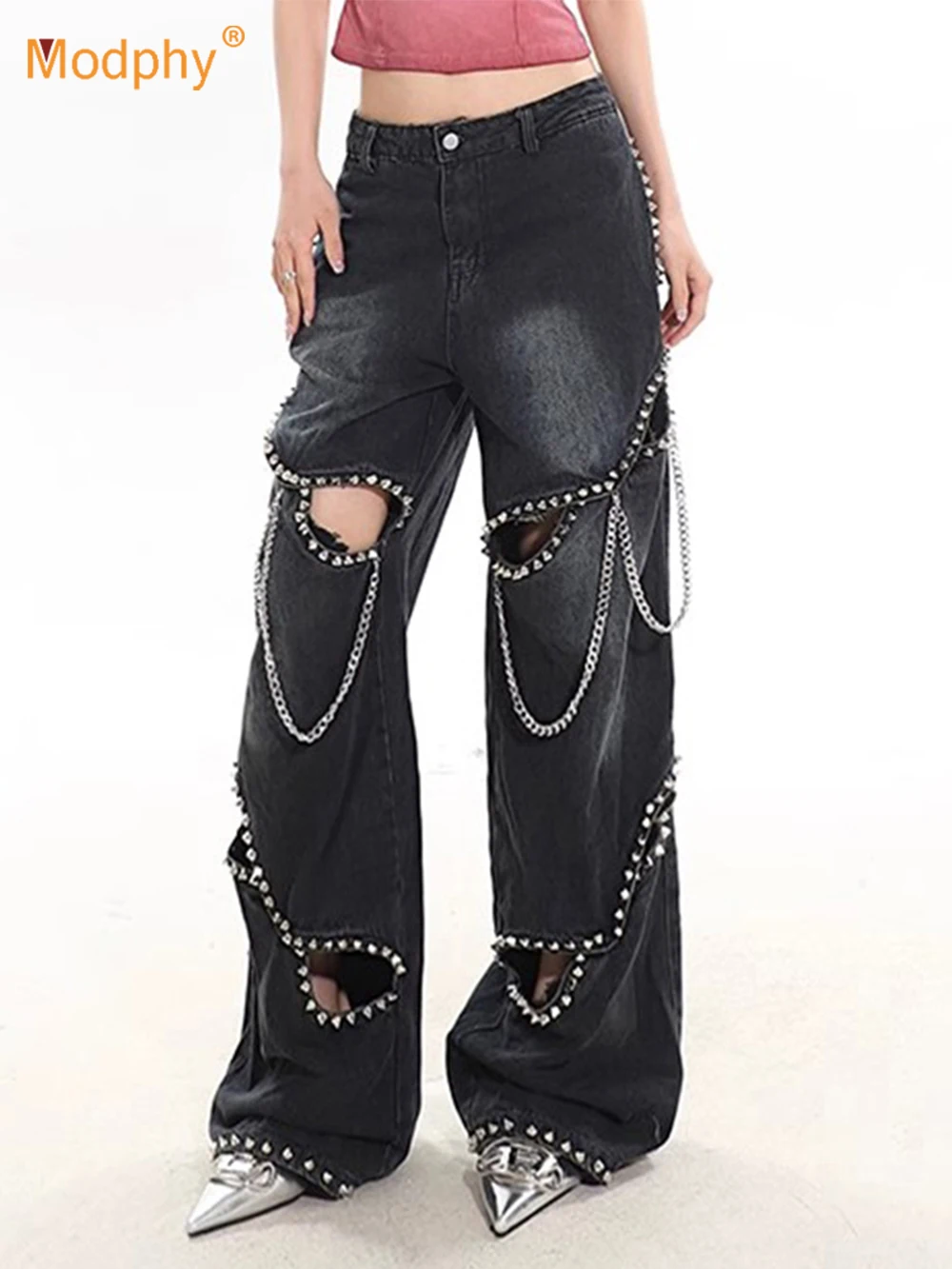 

Modphy 2024 New Y2k Baggy Wide Leg Jeans Women Rivet chain hollow out Streetwear Denim Trousers Femme Tide