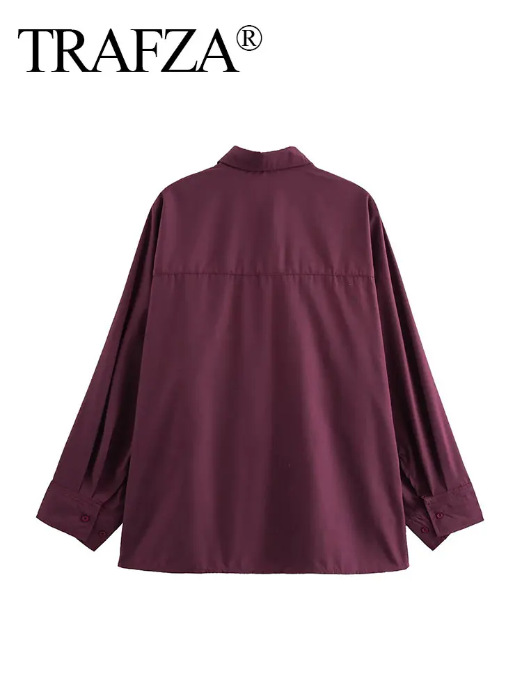 TRAFZA Loose Lapel Single Breasted Women's Long Sleeve Top Women's Fall Streetwear Fashion Burgundy Raglan Sleeve Shirt Y2K