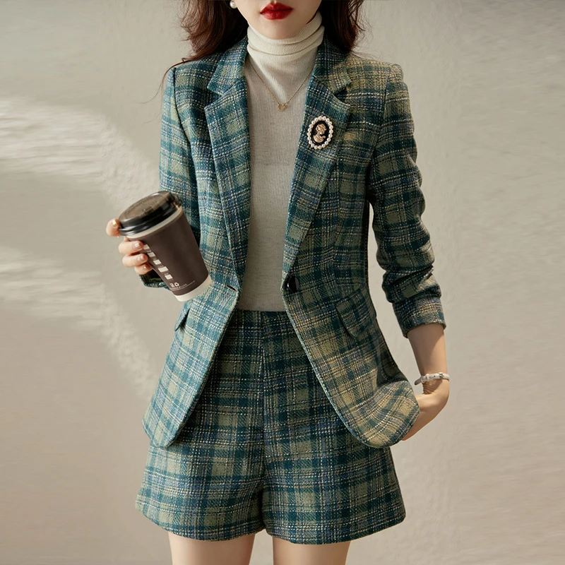 2023Spring Suit Elegant Single Breasted Slim Print Casual Blazer Jackets And Shorts Set Korean Femme 2 Piece Sets Women Outfits