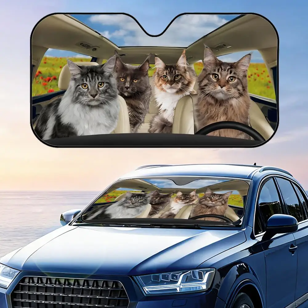 Parasol plegable universal para parabrisas de coche con diseño de gato Maine Coon, protección UV y aislamiento térmico