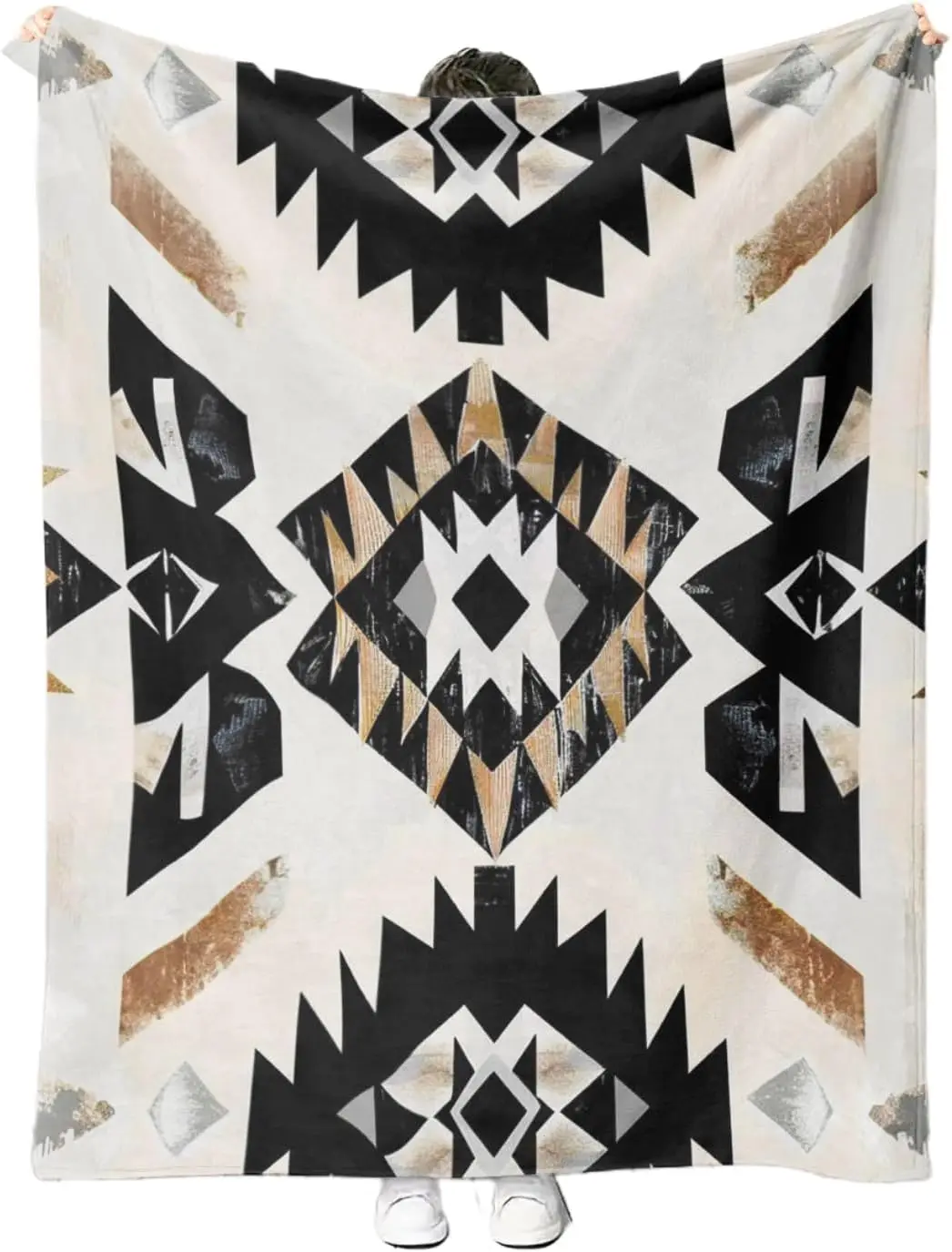 Distressed Black Brown Aztec Diamond Tribal Geometric Print Warm Blanket For Bedroom Sofa Camping Home Leisure House Use