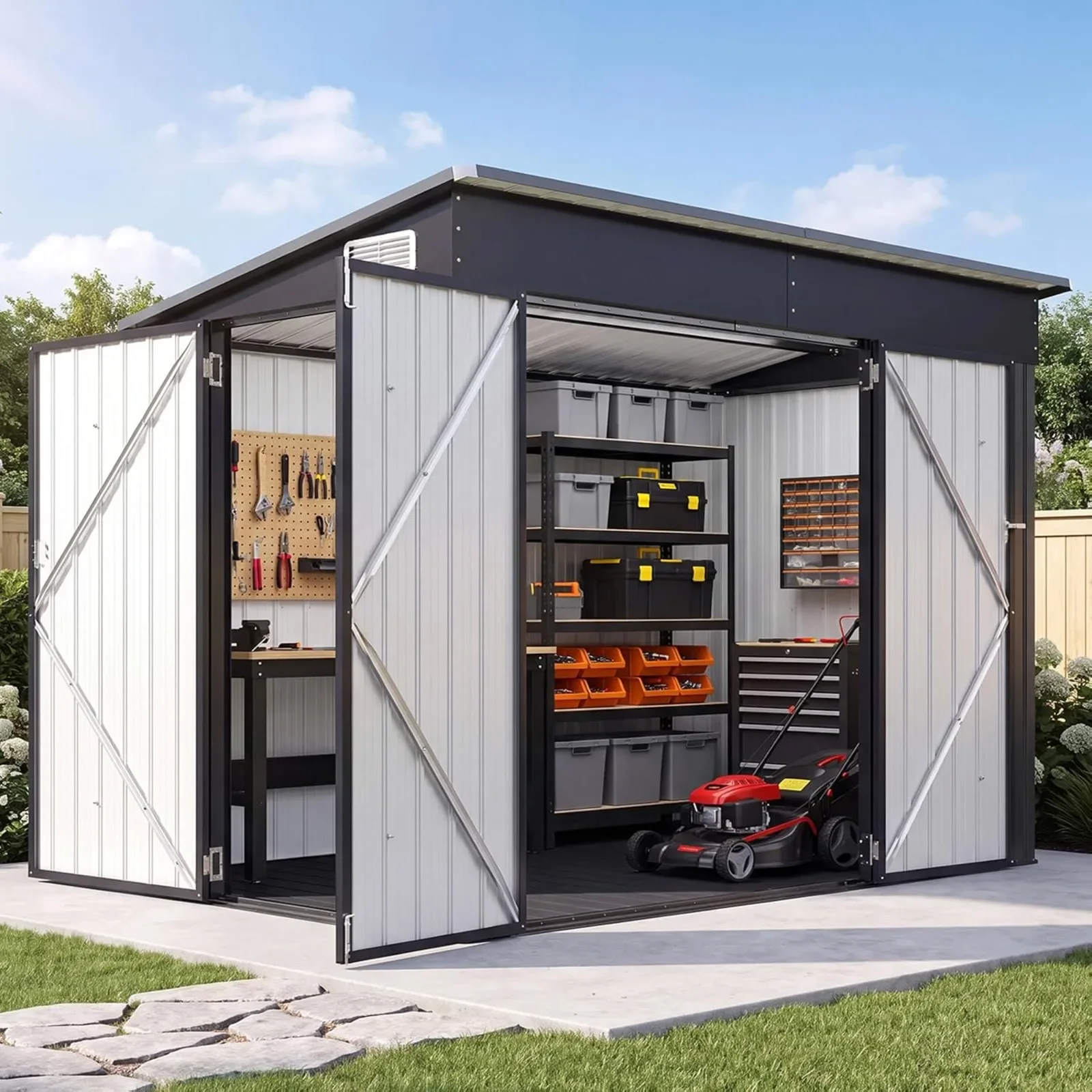 HOT Outdoor Storage Shed with 3 Lockable Doors & 14mm PP Floor | 7.5x4 FT Metal Garden Shed with Floor, Outdoor Storage Cabinet with Sloping Roof for Backyard, Black
