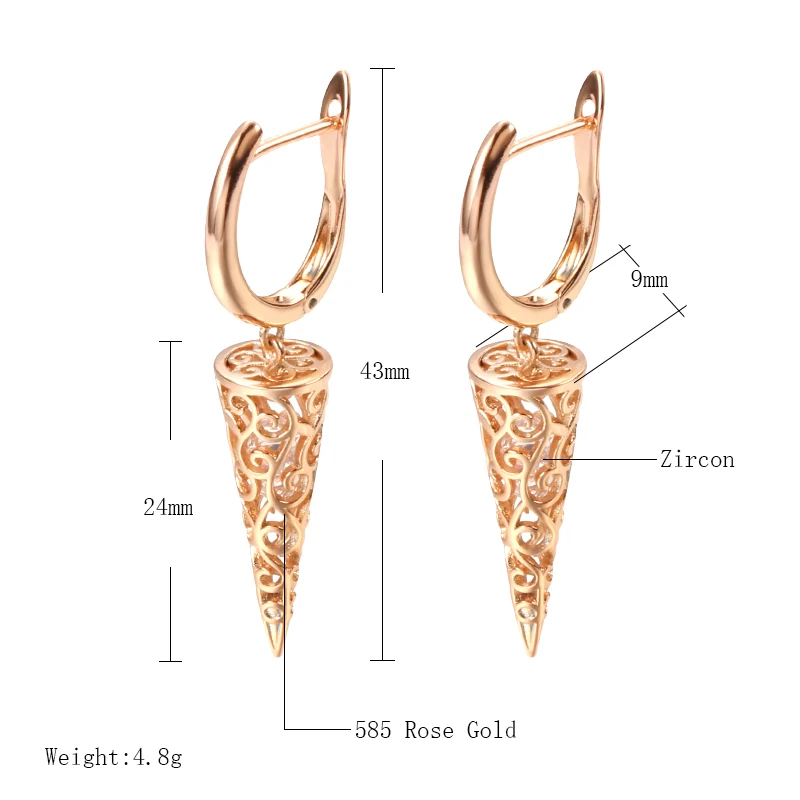 Luxury Hollow Texture Zircon Dangle Earrings for Women 585 Rose Gold Fashion Glossy Earrings Party Wedding Fashion Fine Jewelry