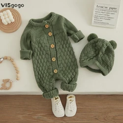 VISgogo – combinaison pour bébé, 2 pièces, tenue d'hiver, vêtements pour bébés garçons et filles, manches longues, couleur unie, barboteuse tricotée + ours, ensemble chapeau