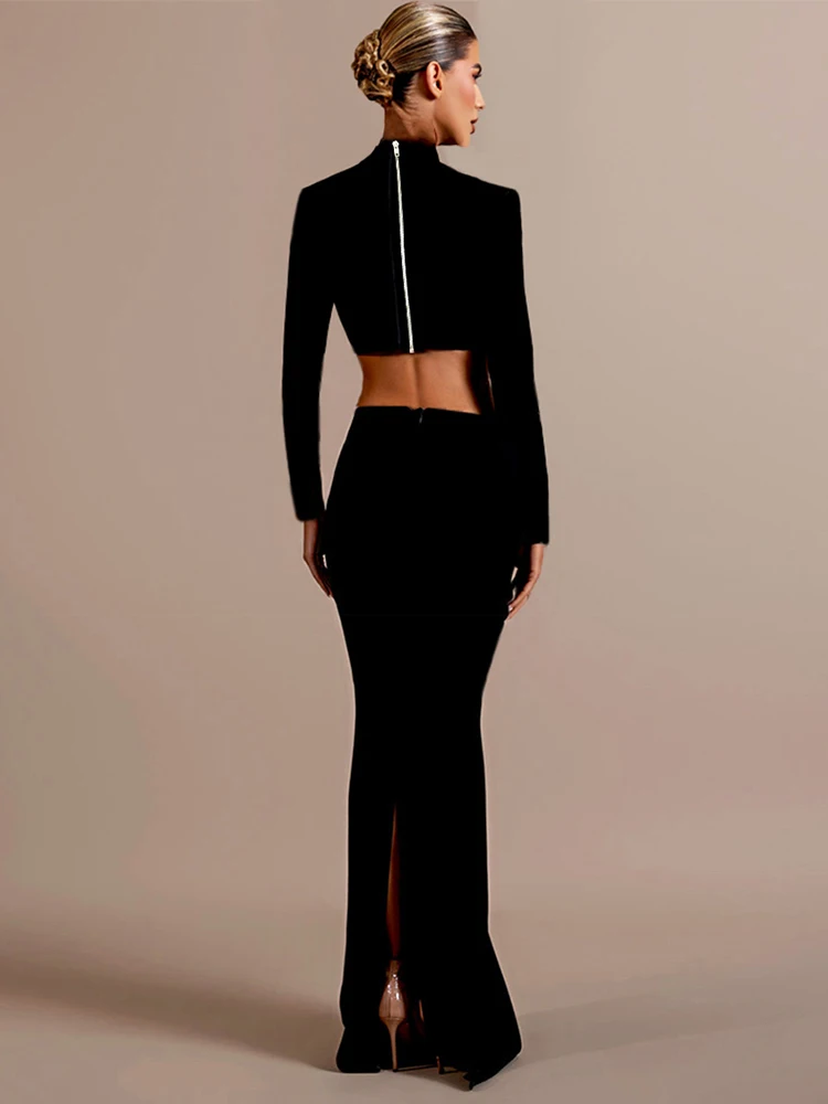 Women Long Diamonds Skirt Two Piece Sets Sexy Long Sleeves Beaded Short Top + Long Bandage Skirt Suits Evening Club Party Sets