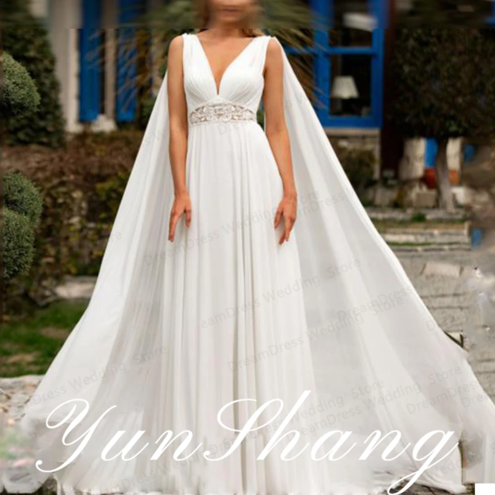 Yunshang Customized Boho Wedding Dress Simple Deep V-Neck Chiffon A-Line With Cape Backless Floor Length  Robe De Mariee Women