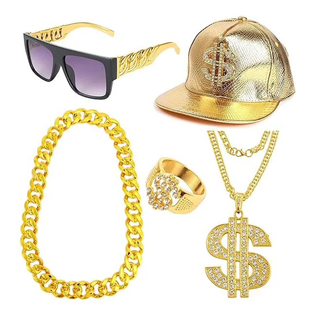 

Комплект аксессуаров для костюма в стиле хип-хоп 80-х и 90-х годов для мужчин: винтажный костюм рэпера, золотая металлическая цепь, кольцо с долларом, браслет, солнцезащитные очки, кепка