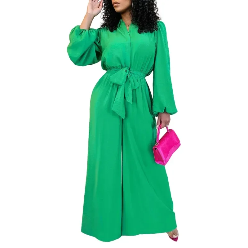 African Clothes for Women Elegant 2025 Autumn Africa Long Sleeve V-neck Green Red Blue Party Evening Long Jumpsuit Outfits S-3XL