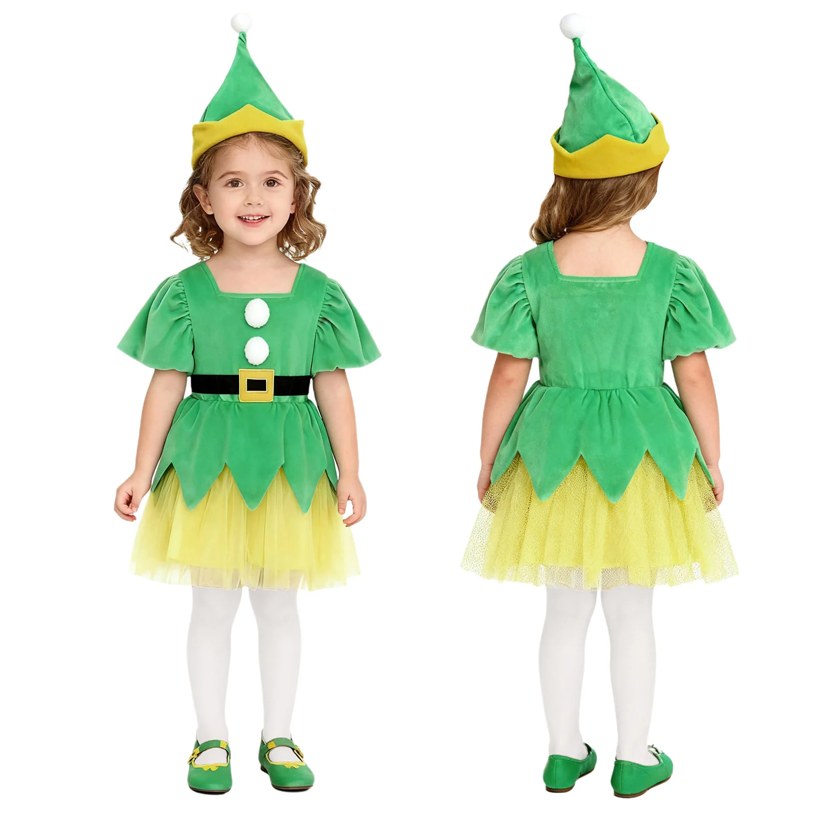 Kids Girls Christmas Party Dress Xmas Fairy Elf Santa Helper Cosplay Performance Costume Puffy Short Sleeve Mesh Tutu with Hat