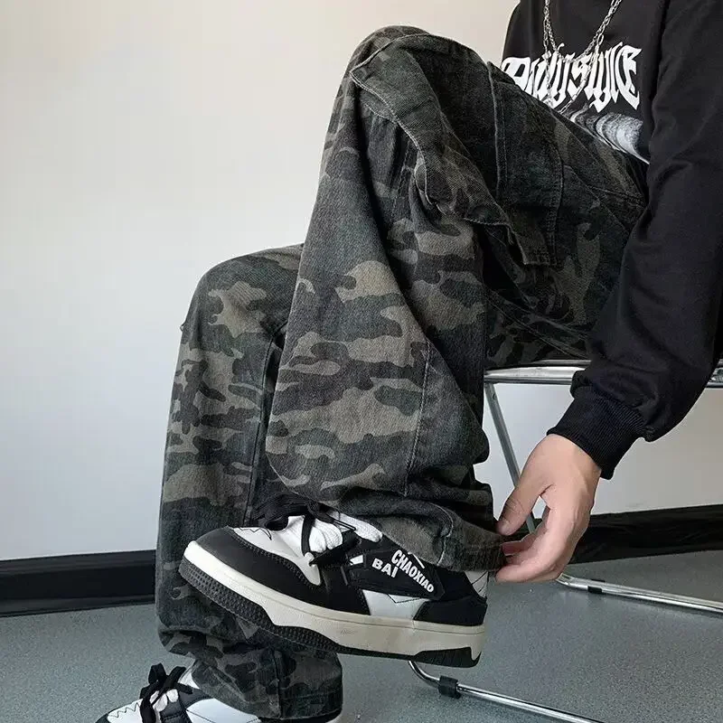 Mit Taschen Herren Jeans Camouflage Hose Weites Bein gestapelt Weiche japanische Street Style Y 2k Vintage Casual Männliche Cowboyhose