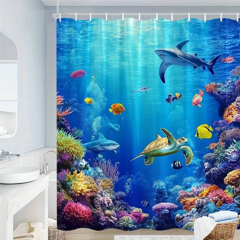 1pc Coral Reef Shower Curtain - Ocean Life Bathroom Decor with Hooks, Sharks, Sea Turtles, Tropical Fish, Coral Reefs - High Qua
