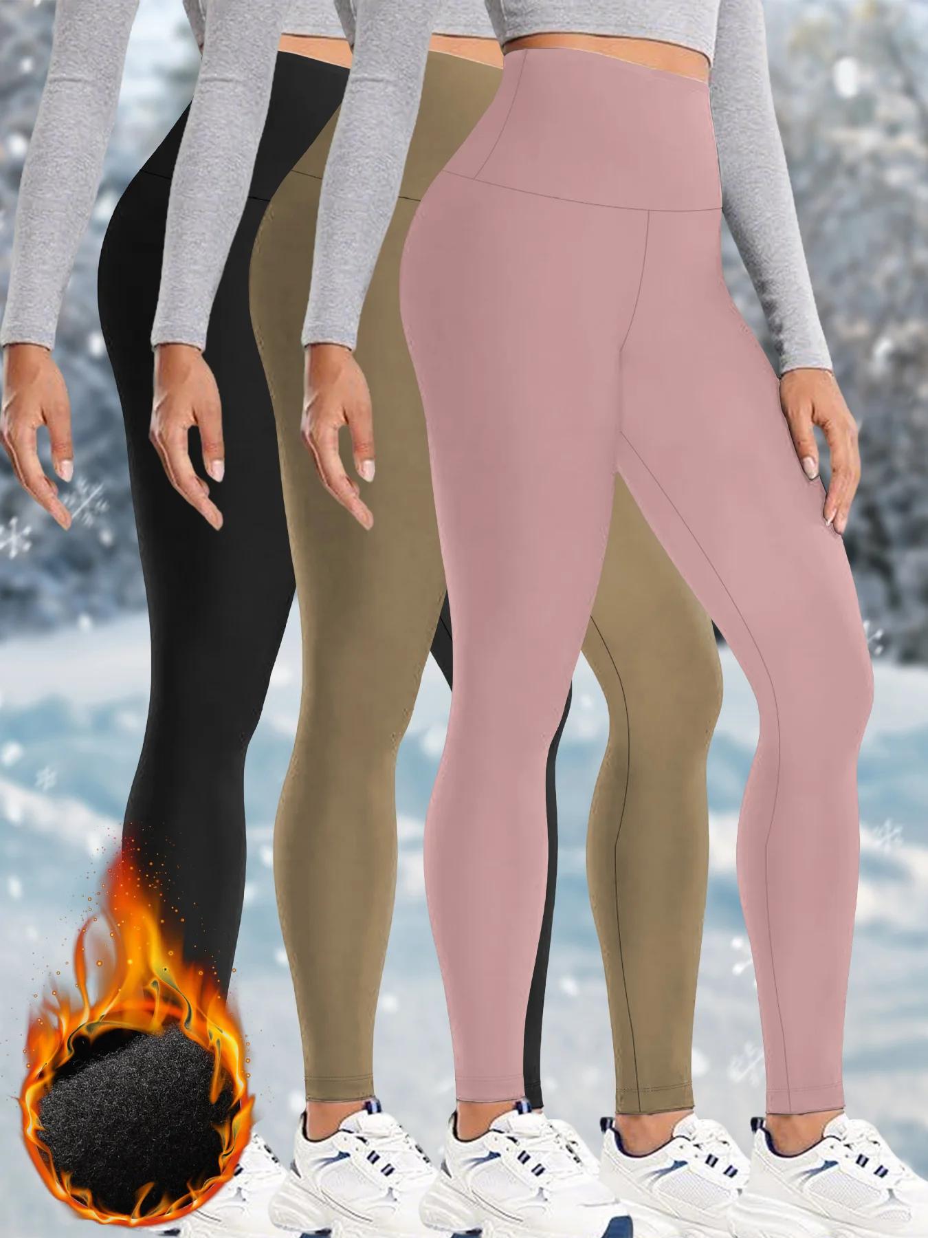 3-pak damskich legginsów z wysokim stanem, wyściełanych termicznym polarem. Ciepłe, grube legginsy do ćwiczeń zimowych, miękkie spodnie do jogi