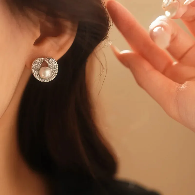 

Silver Needle Zircon Pearl Ear Studs Personality Irregular Earrings Temperament Simple Earrings for Women Gift Party