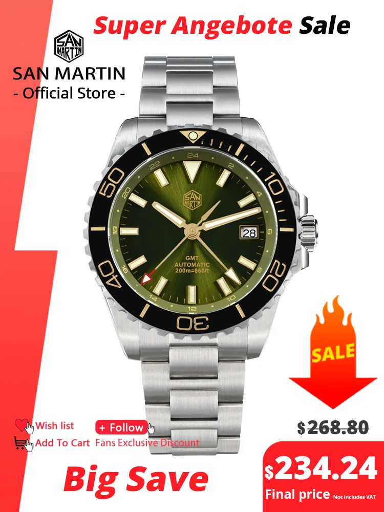 

San Martin 39mm Diver GMT Watch Enamel Dial NH34 Stainless Steel Luxury Men Watch Automatic Mechanical Sapphire Luminous SN0136