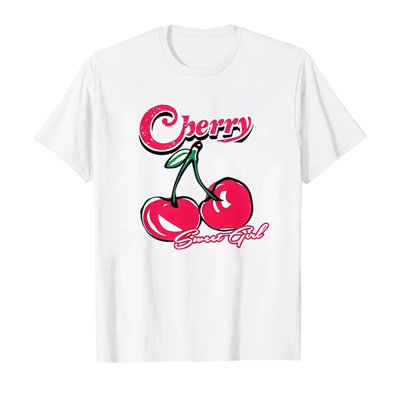 cherry Pattern Cotton T-shirt Women Men Alphabet Print Casual Tshirt Vintage Fashion Clothes Harajuku Summer Unisex Tee shirts