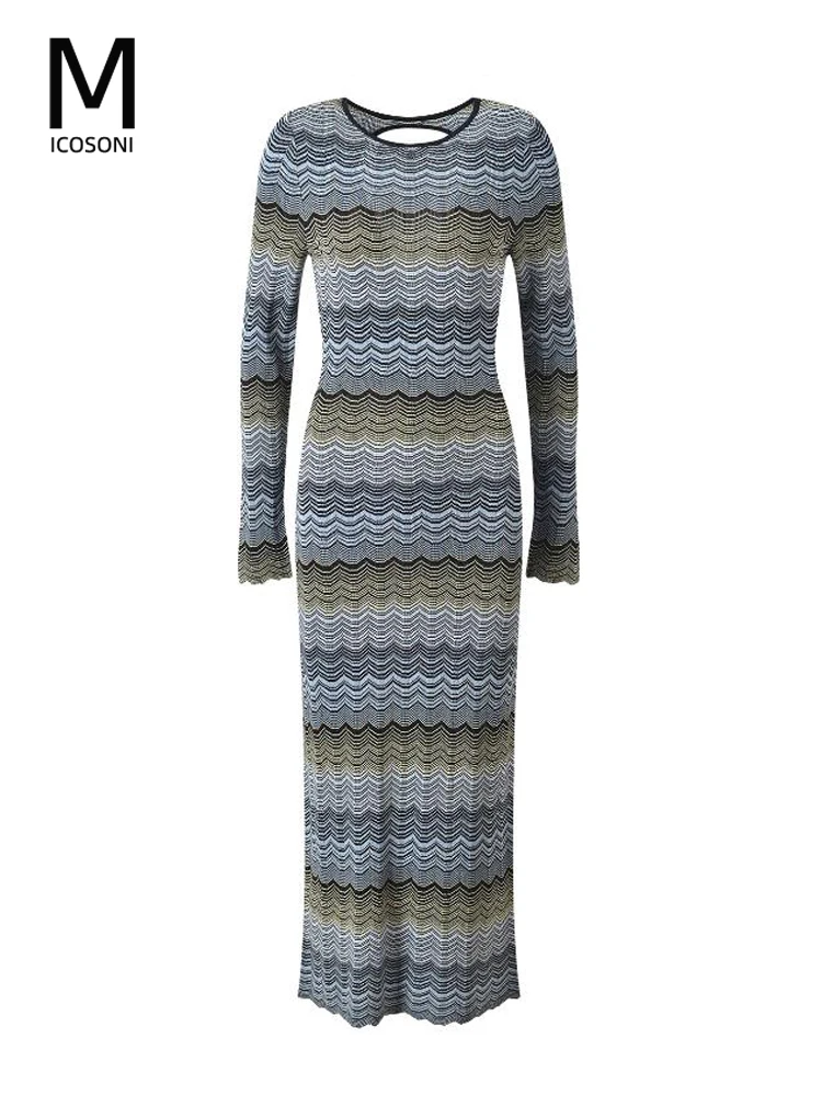 

Micosoni High-End French Backless Contrast Multi Color Wavy Striped Knitted Dress Elegant Slimming Calf-Length Sexy Knitwear