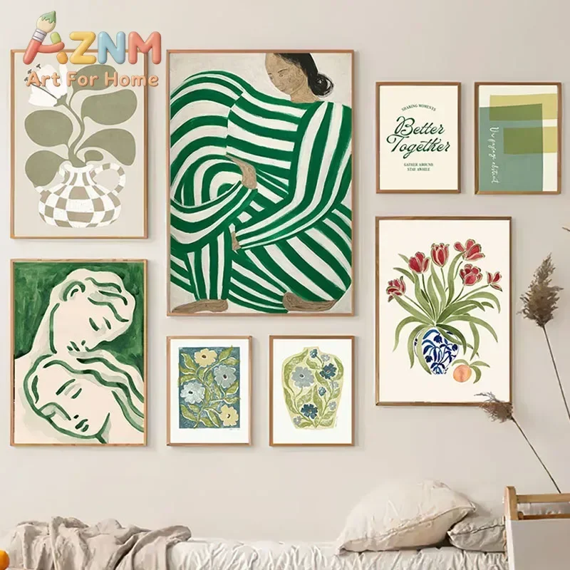 Canvas Painting Florero De Chica A Rayas Verdes, Abstracto, Arte De Pared, Lienzo Impreso, Pintura, Imagen De Cafetería De Ho
