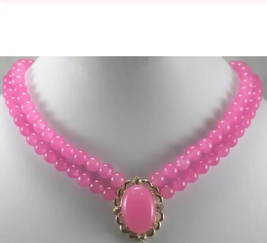 wholesale 2rows pink Natural jade bead necklace with 13*16mm pendant necklace