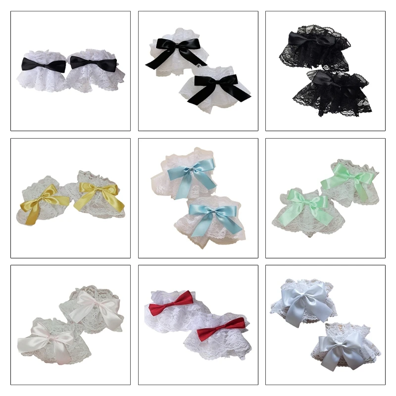 Japanse Lolita Handmouw Pols Manchetten Zoete Ruches Kant Multicolor Strik Meid Cosplay Armband Voor Huwelijksfeest