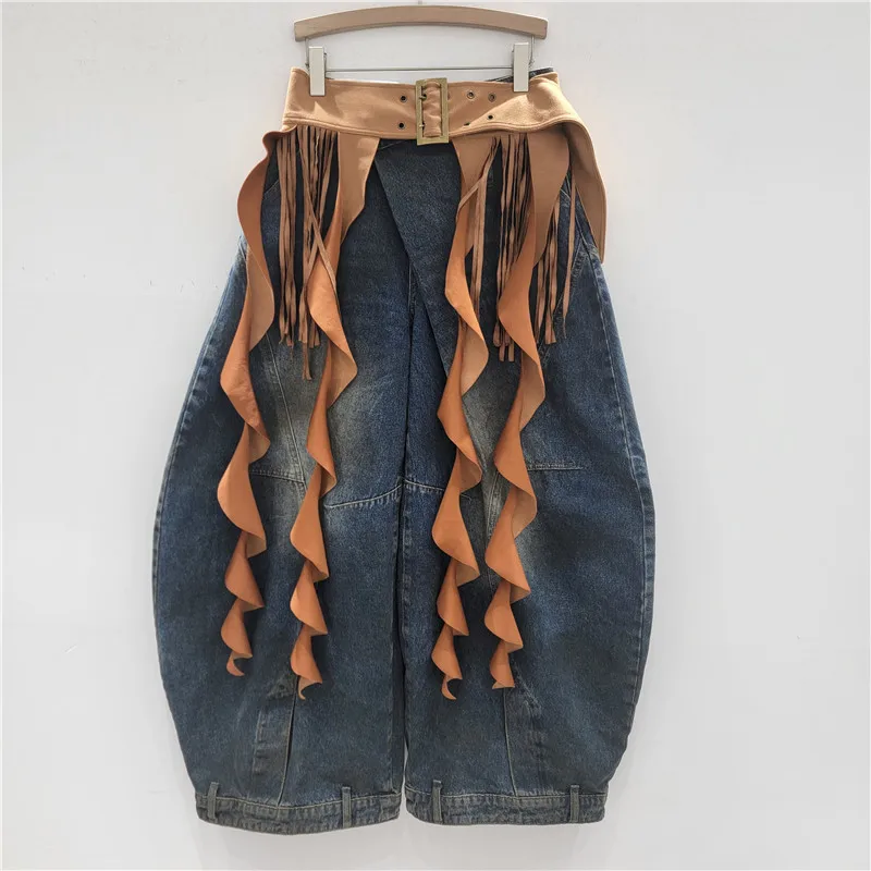 

Vintage Western Cowboy Hot Girl Jeans Subculture Hippie Style Wavy Tassel Ribbon Long Tassel Belt Waistband Long Pants