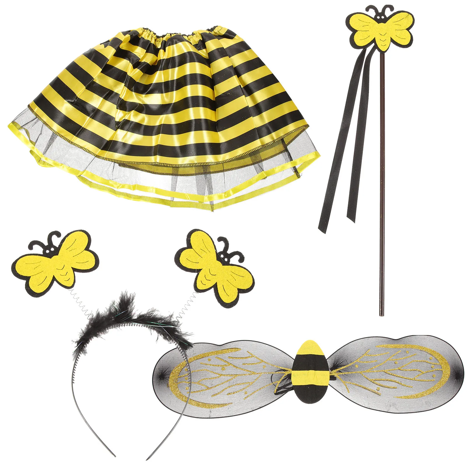 

1 set Bee Wings Set Girls Costume Black Headband Wand Skirt Wing Safe Durable Halloween Cosplay Party Accessories Dress Up Props