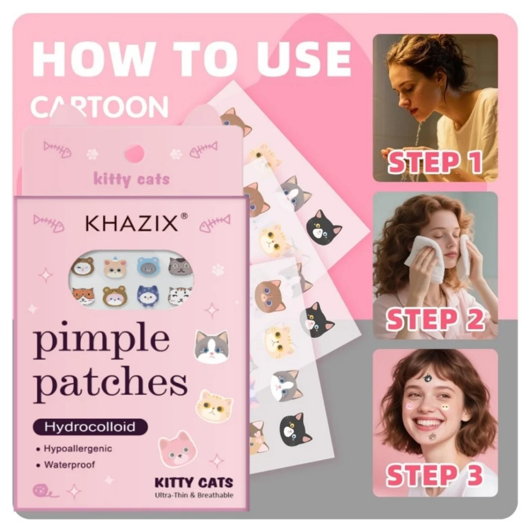 100 pieces of cat cartoon facial acne patches, covering acne marks, pink, invisible blemishes, thin, skincare.