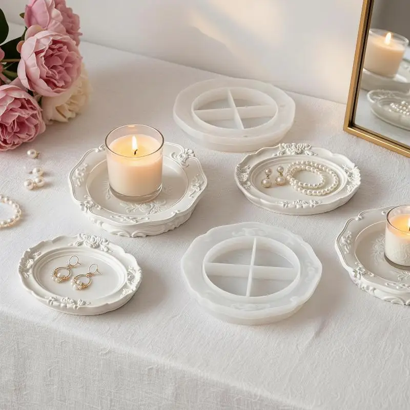 1Pcs Vintage Lace Relief Silicone Mold Round Oval For Gypsum Resin Storage Dish DIY Craft Making Tool