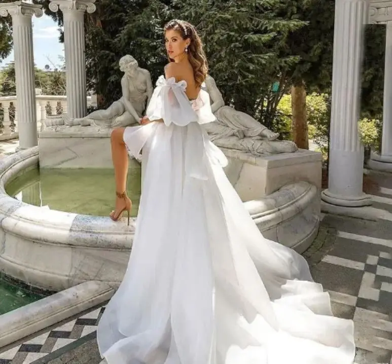 Vestido de novia sin tirantes, corte en A, sin espalda, vestido de novia sencillo, trapeador, moda, escote en forma de corazón, mangas abullonadas, vestidos de novia manchados