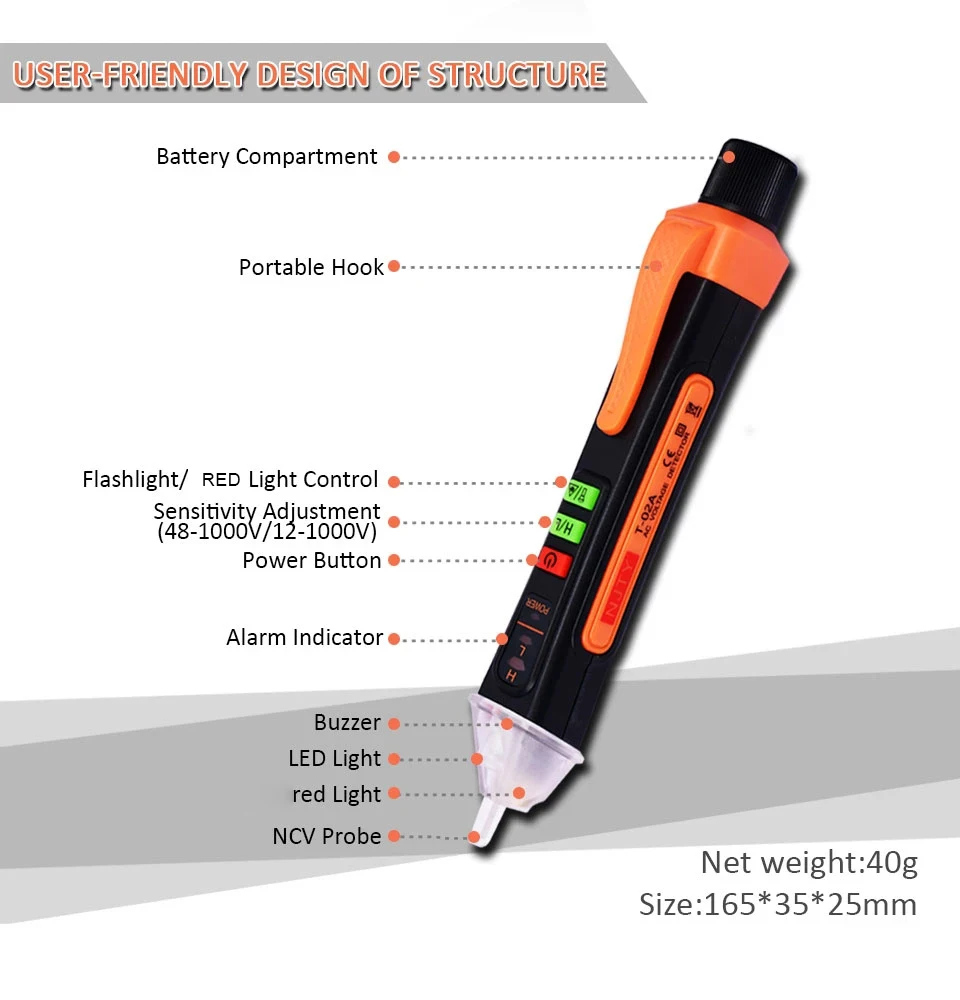 Non-Contact Voltage Tester Pen 12-1000V AC Voltage Detector Circuit Breakpoint Finder with Flashlight Beeper LCD Electroscope