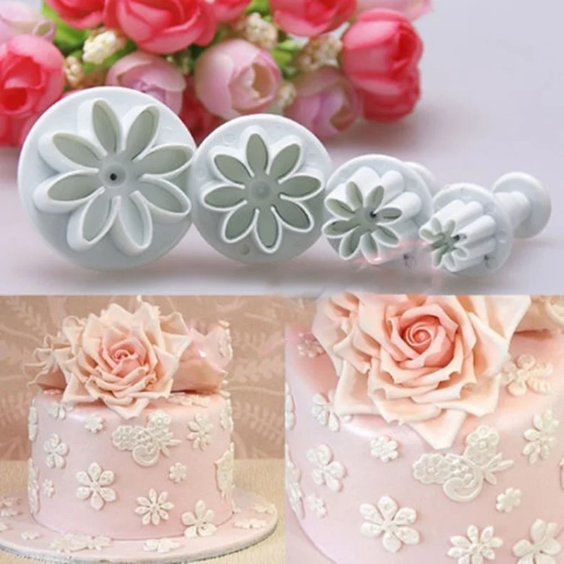 4Pcs/Set Daisy Flower Cookie Sunflower Plunger Cutter Fondant Cake Tool Christmas Cake Decorating Tools