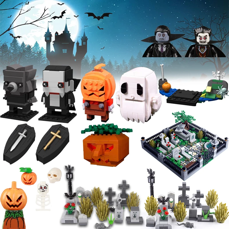 City Street View Cemetery Building Blocks Halloween Printed Tombstone Terror Figures Werewolf Ghost Pumpkin Vampire Kids Gifts