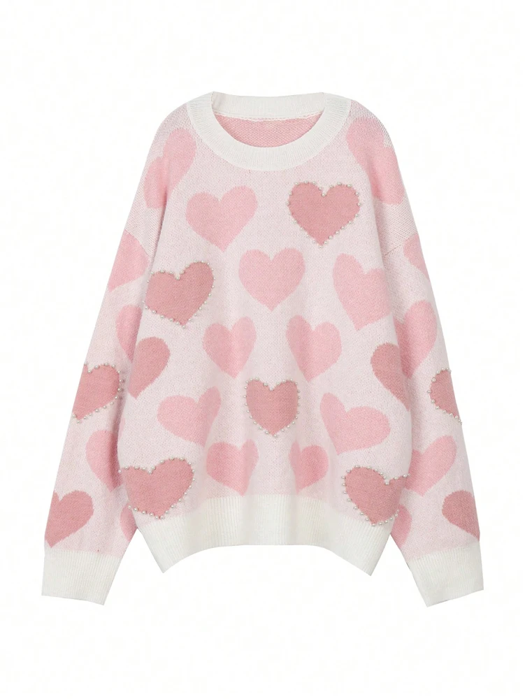 زائد حجم الخريف والشتاء جديد الحب القلب المطبوعة الياقة المستديرة عارضة تنوعا طويلة الأكمام البلوز سترة يوميا