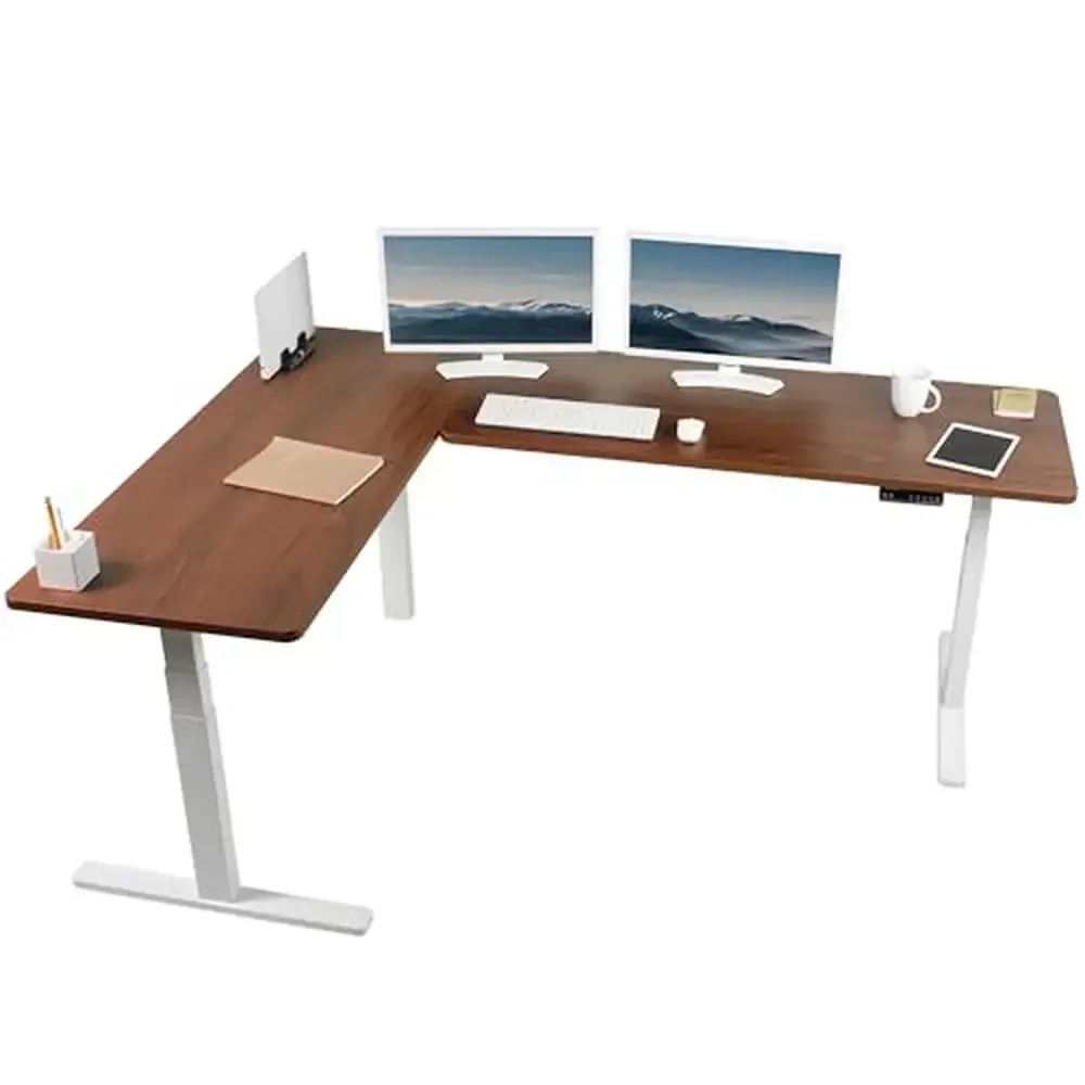 Electric Height Adjustable L-Shaped Stand Up Corner Desk with 2 Dark Walnut Tops White Frame Memory Controller Strong Steel