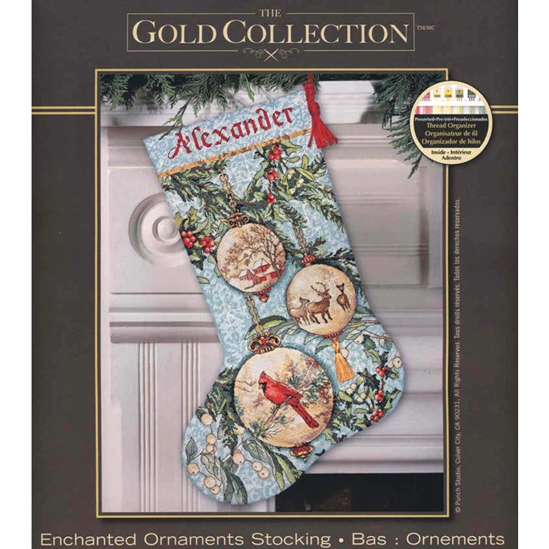 Dim 08666 Winter Twilight Stocking Counted Cross Stitch Kit Christmas Skiing Sled, Enchanted Ornament, Santa\'s Snow Globe, DIY