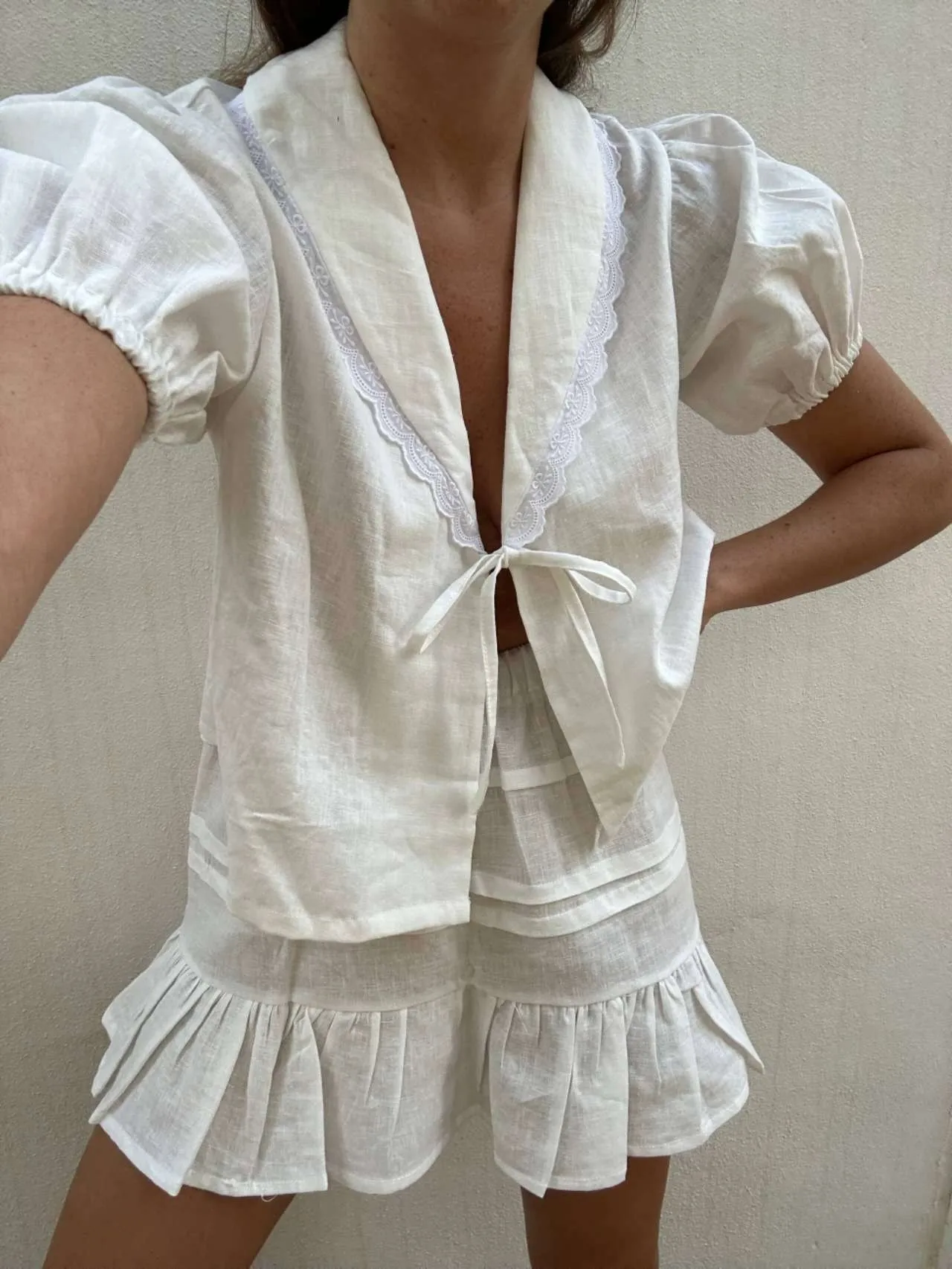 

Casual Cotton Linen irt Summer Women's Loose Sle ort Sve Tie Blouse Breathable Polyester Fiber Chinese Origin